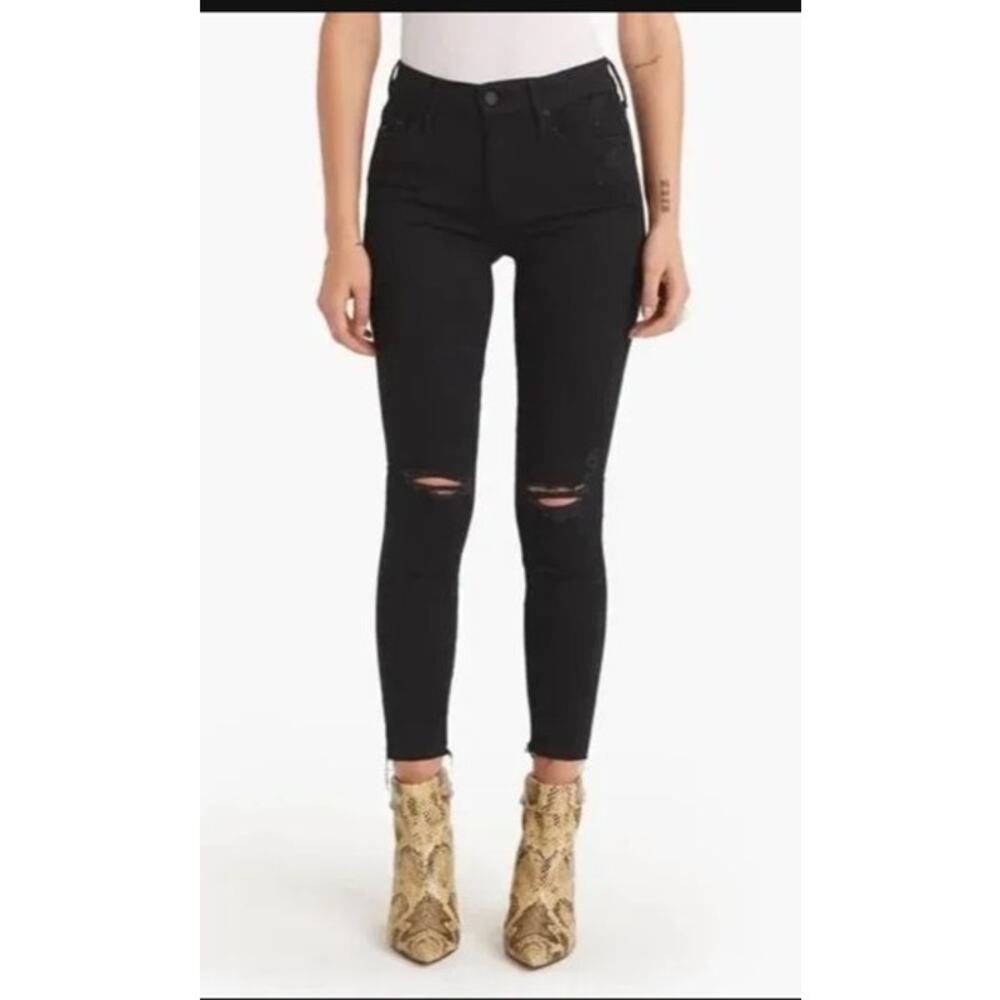 Mother Jeans Looker Ankle Fray Womens 28 Black Distressed Jeans Raw Hem Goth